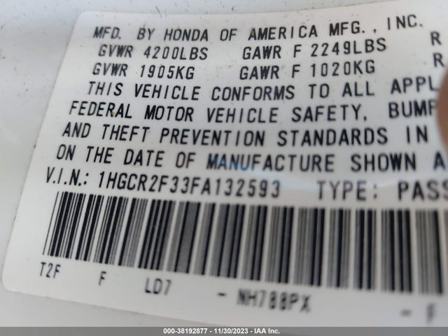 Honda ACCORD LX 2015 1HGCR2F33FA132593 Image 9