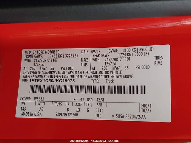 2018 FORD F-150 XL VIN: 1FTEX1C50JKC15978