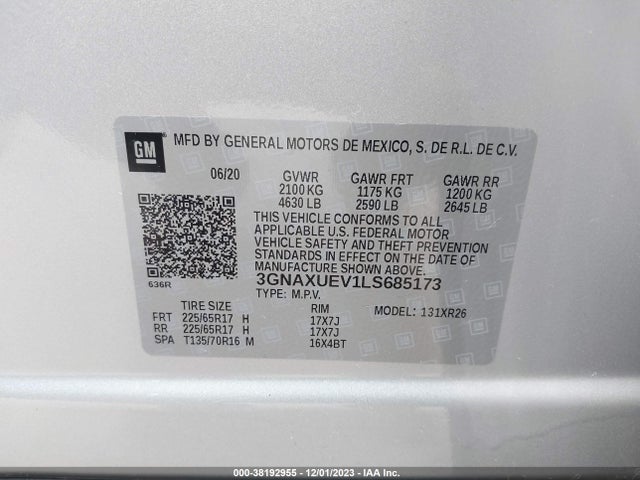 2020 CHEVROLET EQUINOX AWD LT 1.5L TURBO VIN: 3GNAXUEV1LS685173