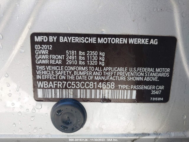 2012 BMW 535I VIN: WBAFR7C53CC814658