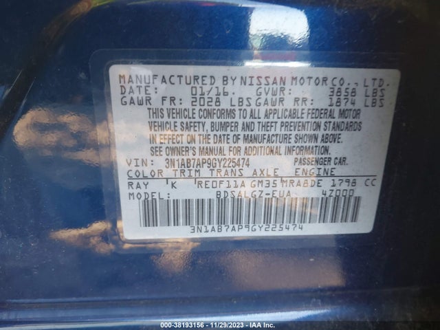 Nissan SENTRA SL 2016 3N1AB7AP9GY225474 Image 9
