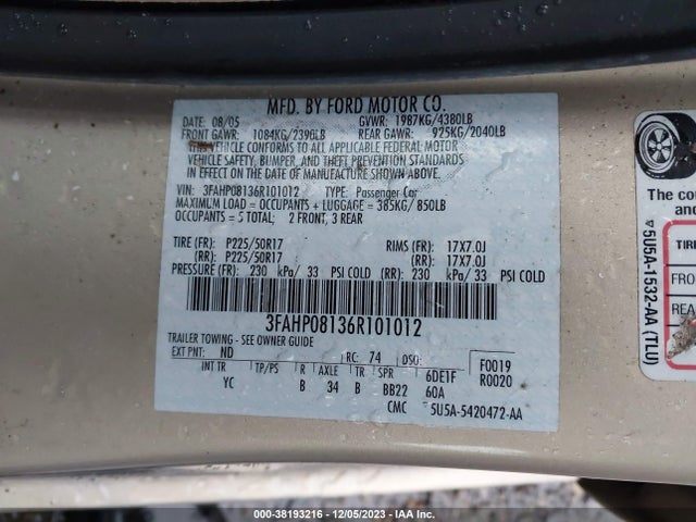2006 FORD FUSION SEL VIN: 3FAHP08136R101012