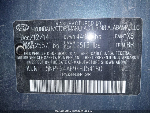 2015 HYUNDAI SONATA SE VIN: 5NPE24AF9FH154180