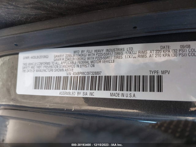 2009 SUBARU OUTBACK 2.5I LIMITED VIN: 4S4BP66C097328897