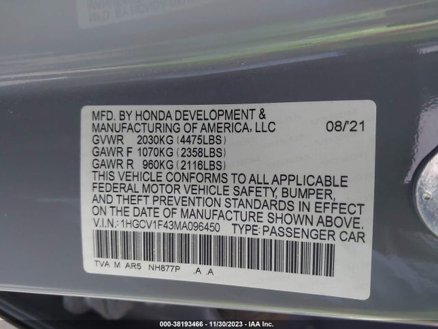 2021 HONDA ACCORD SPORT SPECIAL EDITION VIN: 1HGCV1F43MA096450