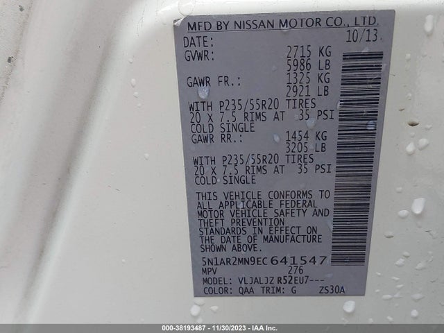 2014 NISSAN PATHFINDER PLATINUM VIN: 5N1AR2MN9EC641547