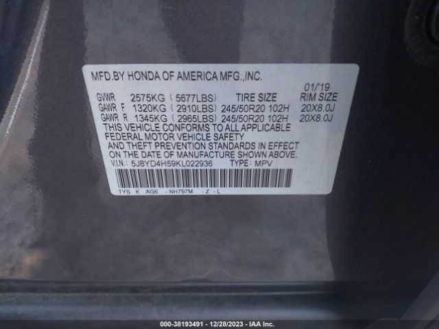 5J8YD4H59KL022936 Acura Mdx Tech Pkg