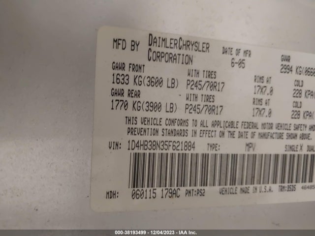 2005 DODGE DURANGO ST VIN: 1D4HB38N35F621884