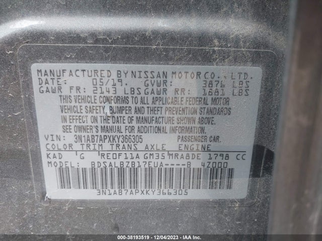 2019 NISSAN SENTRA S VIN: 3N1AB7APXKY366305