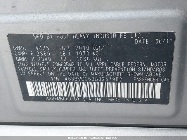 2011 SUBARU LEGACY 2.5I PREMIUM VIN: 4S3BMCC69B3257982