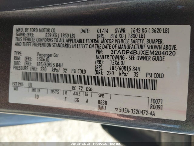 2014 FORD FIESTA SE VIN: 3FADP4BJXEM204020