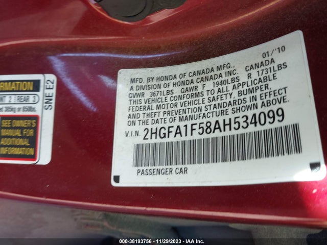 2010 HONDA CIVIC LX VIN: 2HGFA1F58AH534099