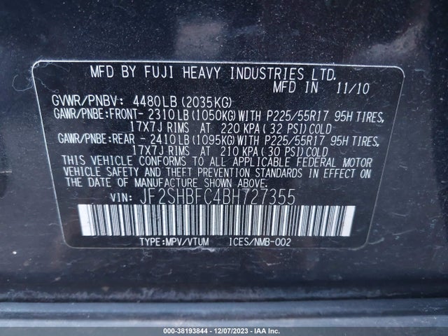 2011 SUBARU FORESTER 2.5X LIMITED VIN: JF2SHBFC4BH727355