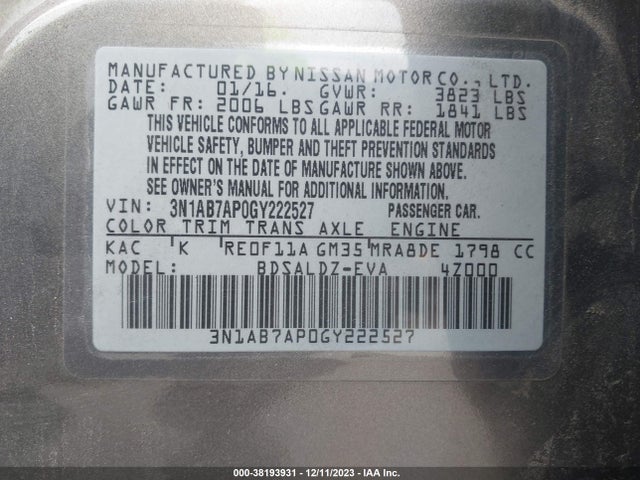 Nissan SENTRA SV 2016 3N1AB7AP0GY222527 Image 9