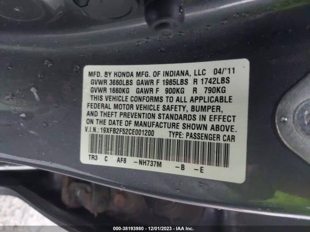 2012 HONDA CIVIC LX VIN: 19XFB2F52CE001200