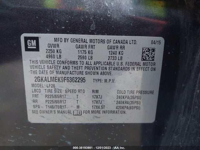 GMC Terrain Sle-1 2015 2GKALMEK9F6362295 Image 9