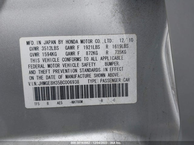 2011 HONDA FIT VIN: JHMGE8H35BC006938