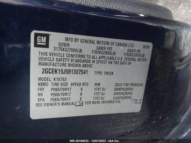 2008 CHEVROLET SILVERADO 1500 LT2 VIN: 2GCEK19J981307541