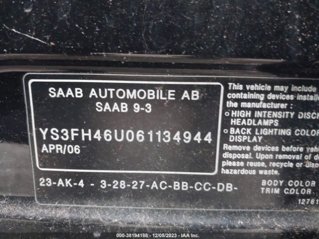 2006 SAAB 9-3 YS3FH46U061134944 Photo 8