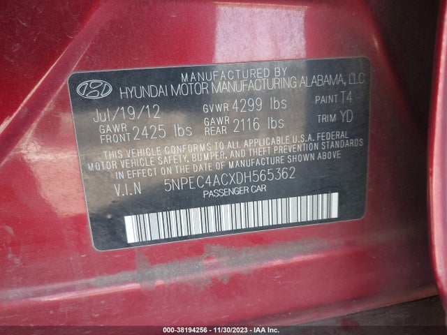 2013 HYUNDAI SONATA LIMITED VIN: 5NPEC4ACXDH565362