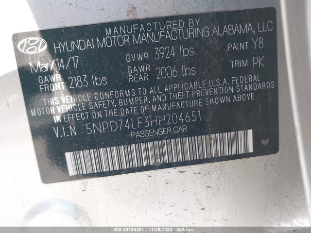 2017 HYUNDAI ELANTRA SE VIN: 5NPD74LF3HH204651