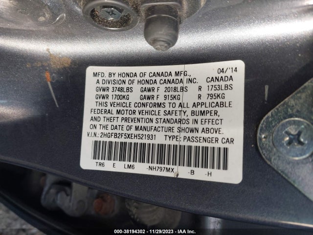 Honda Civic Lx 2014 2HGFB2F5XEH521931 Image 9
