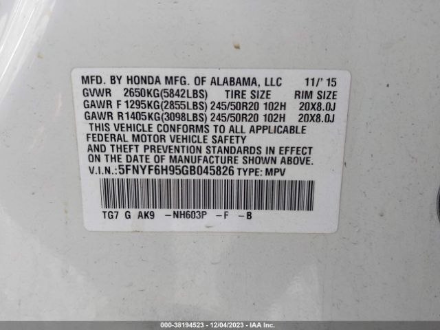 5FNYF6H95GB045826 Honda Pilot Touring