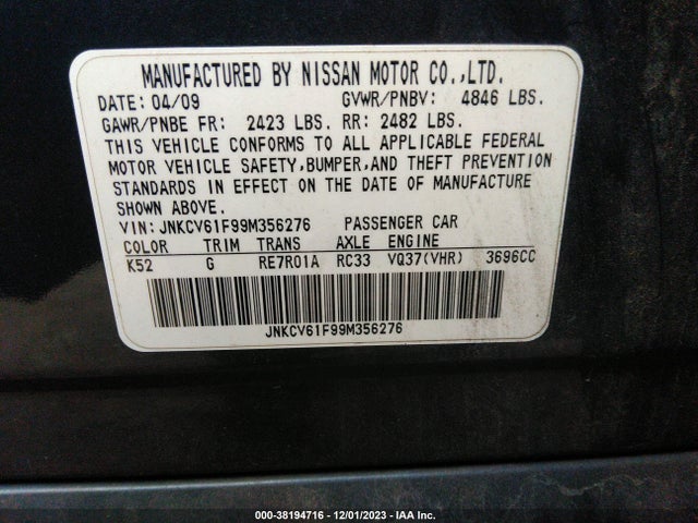 2009 INFINITI G37X VIN: JNKCV61F99M356276