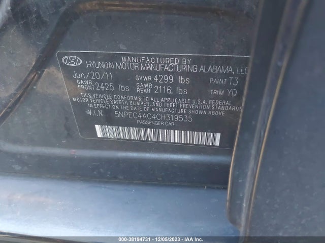 2012 HYUNDAI SONATA LIMITED VIN: 5NPEC4AC4CH319535