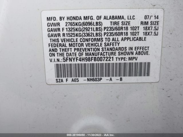 5FNYF4H98FB007221 Honda Pilot Touring
