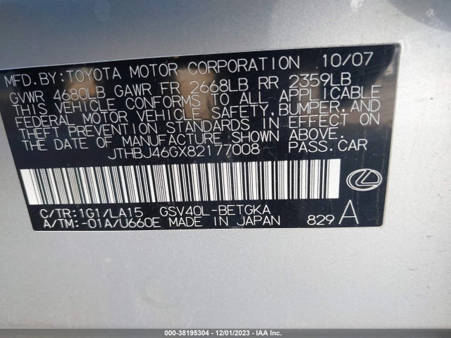 Aukcja sprzedaży 2008 Lexus Es 350, vin: JTHBJ46GX82177008, numer aukcji: 38195304