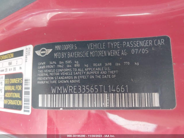 2005 MINI COOPER S WMWRE33565TL14661 Photo 8