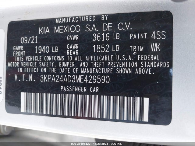 2021 KIA RIO S VIN: 3KPA24AD3ME429590