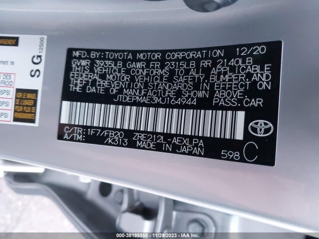 2021 TOYOTA COROLLA LE VIN: JTDEPMAE3MJ164944