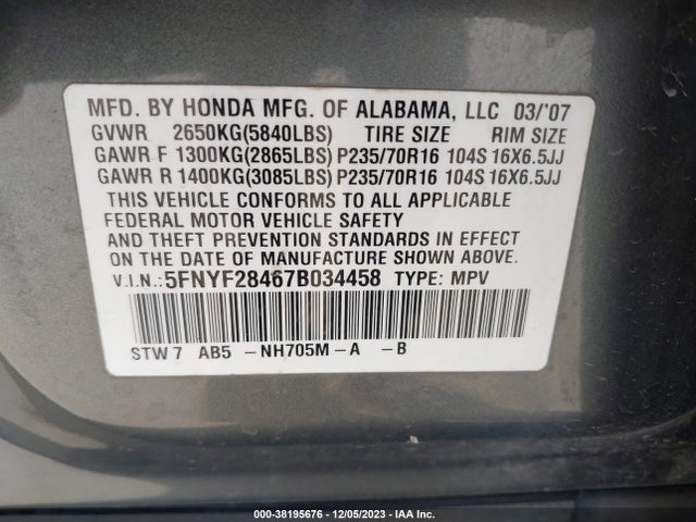 2007 HONDA PILOT EX VIN: 5FNYF28467B034458