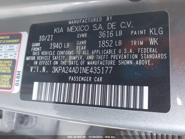 2022 KIA RIO S VIN: 3KPA24AD1NE435177