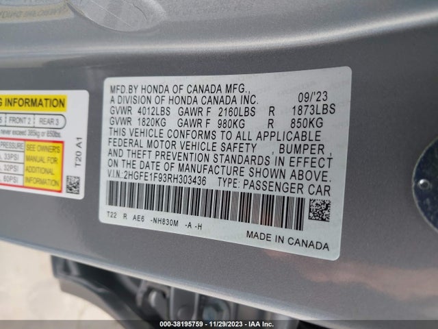 Honda Civic Touring 2024 2HGFE1F93RH303436 Image 9