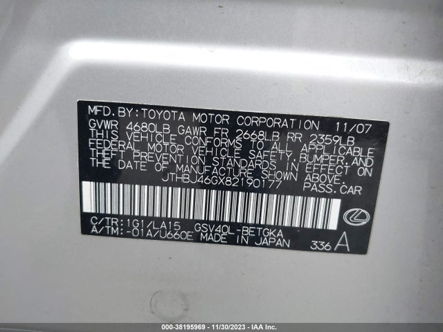 2008 LEXUS ES 350 VIN: JTHBJ46GX82190177