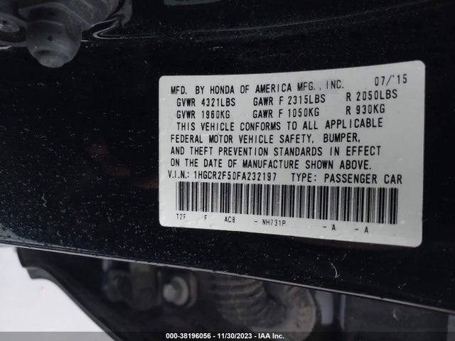 2015 HONDA ACCORD SPORT VIN: 1HGCR2F50FA232197