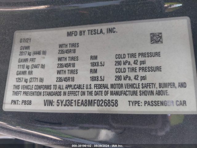 5YJ3E1EA8MF026858 Tesla Model 3 Standard Range Plus Rear-wheel Drive