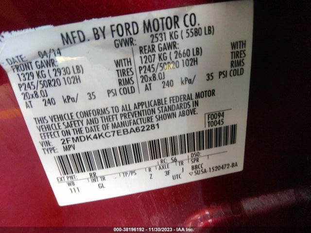 2014 FORD EDGE LIMITED VIN: 2FMDK4KC7EBA62281