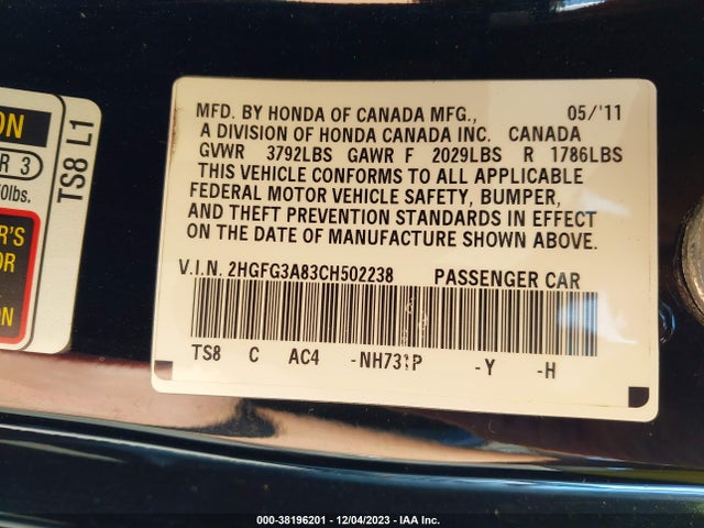 2012 HONDA CIVIC EX VIN: 2HGFG3A83CH502238