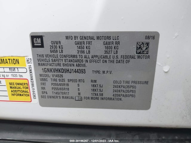 Chevrolet Traverse 2lt 2017 1GNKVHKD9HJ144393 Image 9