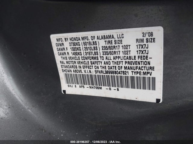 2008 HONDA ODYSSEY TOURING VIN: 5FNRL38998B047821