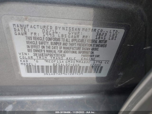 2016 NISSAN SENTRA SV VIN: 3N1AB7AP9GY287439
