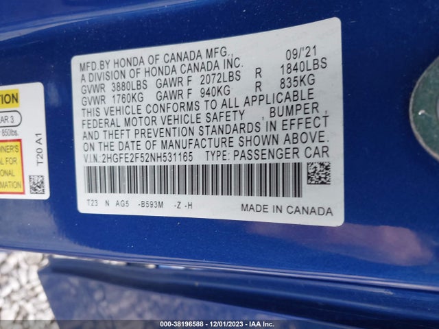 Honda Civic Sport 2022 2HGFE2F52NH531165 Image 9