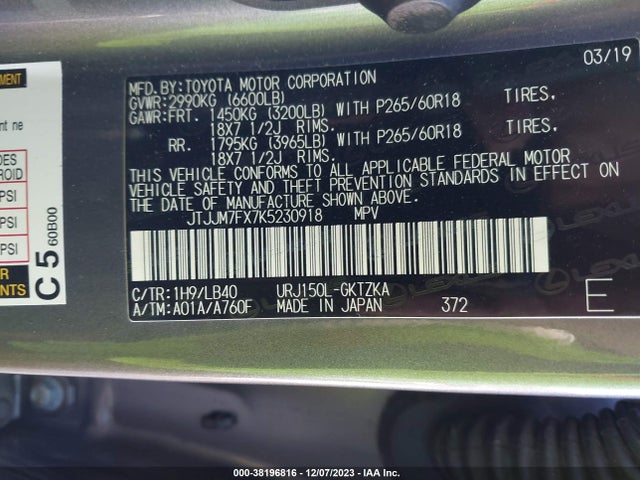 JTJJM7FX7K5230918 Lexus 460 Luxury