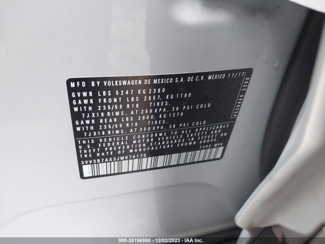 2018 VOLKSWAGEN TIGUAN 2.0T SEL/2.0T SE VIN: 3VV3B7AX3JM074170
