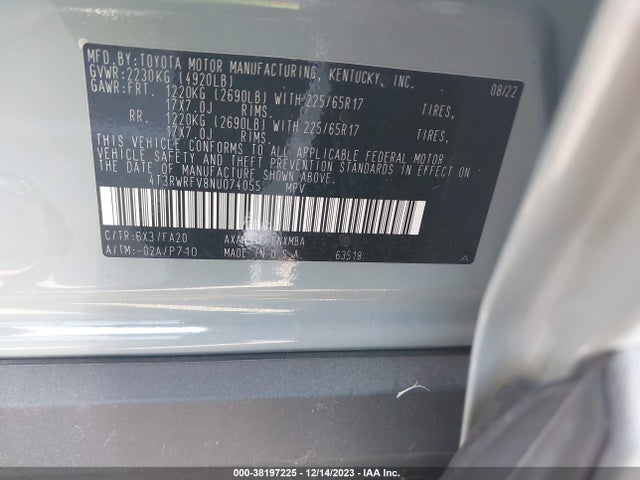 2022 TOYOTA RAV4 HYBRID XLE VIN: 4T3RWRFV8NU074055
