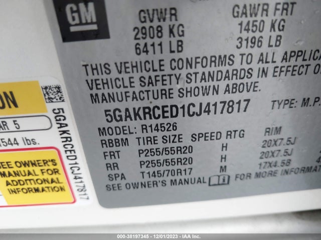 38197345 :رقم المزاد ، 5GAKRCED1CJ417817 vin ، 2012 Buick Enclave Leather مزاد بيع
